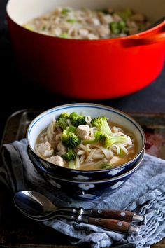 a bowl of chicken noodle soup with broccoli