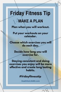 a blue poster with the words friday fitness tip make a plan and a pencil next to it