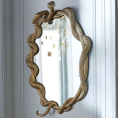 a mirror hanging on the side of a door with a snake design in front of it