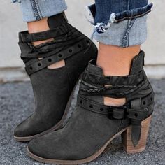 #buckleankleboots #bootsankleoutfit Sepatu Platform, Fall Footwear, Womens Black Booties, Chunky Heel Ankle Boots, Buckle Ankle Boots, Boots Suede, Boots High, Boots Women Fashion, Buckle Shoes