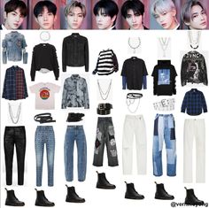 a collage of various male and female outfits, including sweaters, jeans, jackets, shoes, necklaces