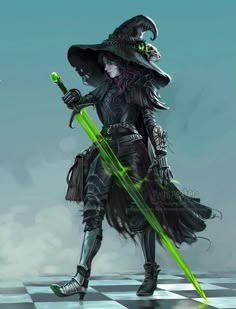 the wizard is standing on a checkered floor and holding a green staff in her hand