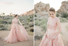 a woman in a pink dress is walking through the desert