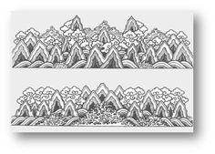 two black and white drawings of mountains with clouds in the sky, one is drawn by hand