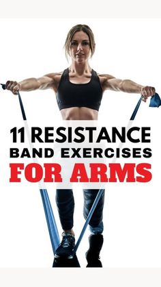 a woman is standing with two swords in her hands and the words resistance band exercises for arms