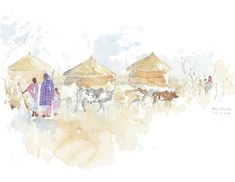 watercolor painting of people and animals in front of huts