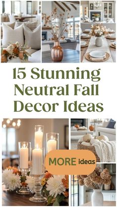 a collage of photos with candles, flowers and other things to decorate for fall