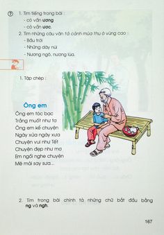 an old man sitting on top of a wooden bench next to a young boy in front of bamboo trees