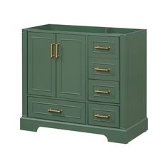 a green cabinet with gold handles and drawers on the bottom, against a white background