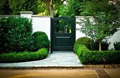 a black door is in the middle of a garden with bushes and trees around it