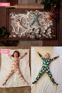 two children laying in bed with christmas decorations on the floor and one child wearing pajamas