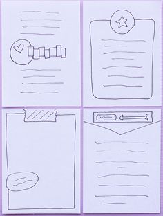 four sheets of lined paper with different shapes and lines drawn on one side, the other half