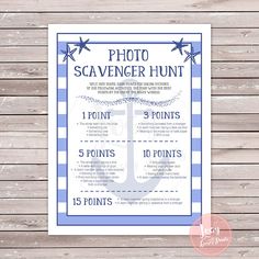 a blue and white photo scavenger hunt poster on a wooden background with text