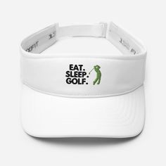 a white hat with the words eat sleep golf on it and an image of a man holding