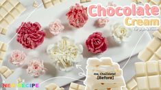 an advertisement for chocolate cream with flowers on the side and words above it that say,