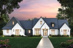 this is an artist's rendering of a house in the country style with white and gray shingles