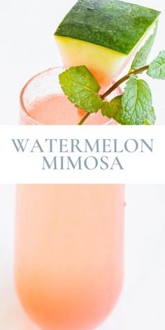 watermelon mimosa cocktail with mint garnish on the rim and text overlay