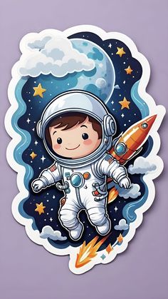 a sticker with an astronaut holding a rocket in his hand and stars on the background