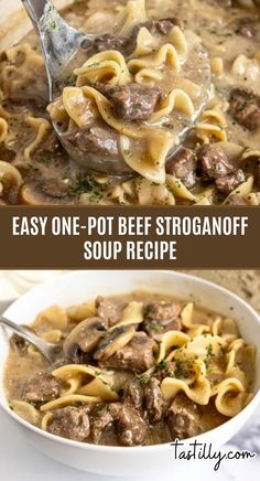 Quick & Easy One-Pot Beef Stroganoff Soup! This creamy soup with beef, mushrooms, and noodles is ready in under an hour. Ideal for busy nights! #OnePotMeal #BeefStroganoffSoup #EasyDinner Stroganoff Soup Recipe, Beef Stroganoff Soup Recipe, Beef Stroganoff Soup, Stroganoff Soup, Creamy Beef Stroganoff, Classic Beef Stroganoff, Homemade Beef Stroganoff, Potted Beef, Stroganoff Recipe