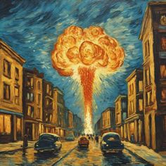 an oil painting of cars on a city street with a large explosion coming out of the sky