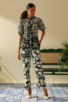 Emerald Irish cotton shirt with all over geometric print, puff sleeves and tie-up collar. Paired with printed high waisted pant with side pockets. - Aza Fashions Chic Printed Cotton Pants, Summer Patterned Workwear Sets, Patterned Summer Workwear Sets, Patterned Cotton Sets For Workwear, Pant Women, Pant For Women, Work Party, Shirt And Pants, Aza Fashion