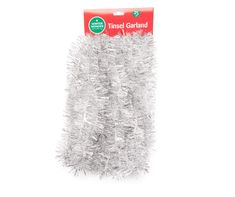 the tinsel garland is silver and has been packaged in a plastic package for christmas