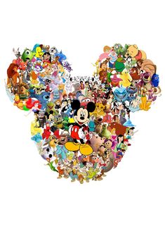 mickey mouse surrounded by many cartoon characters in a square black and white framed photo with the word