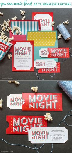 movie night party printables with popcorn and candy bar wrappers on the table