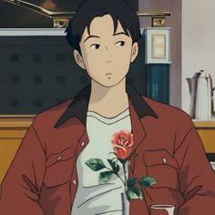 an anime character holding a rose in his hand