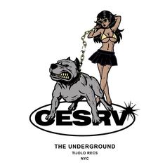 a woman standing next to a dog on top of a white circle with the words gesrv