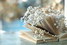 an open book sitting on top of a table next to a bouquet of baby's breath