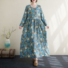 Women's Vintage Floral Dress A Line Crew Neck Cotton Linen Holiday Vacation Ethnic Dress Bohemian Non-stretch Floral Print Dress, Folk Style Long Sleeve Floral Print Dress, Folk Style Long-sleeved Floral Print Dress, Multicolor Long Sleeve Folk Dress, Multicolor Folk Long Sleeve Dress, Folk Style Floral Print Maxi Dress For Spring, Spring Folk Style Floral Print Maxi Dress, Spring Folk Style Dress With Boho Print, Spring Folk Dress With Boho Print