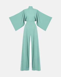 IO Jumpsuit features an exaggerated wide leg, pleat front detail and a high waist perfectly balanced out with traditionally tailored Kimono style sleeves and a high neck with 3 button closures at the back of the neck and an elegant open back. Cape Dresses, Cape Dress, Midnight Black, New Arrival Dress