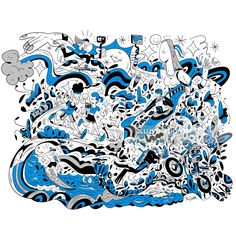 an abstract drawing with blue and black colors