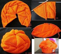 the instructions for making an orange knitted hat with yarn and knitting needles on it