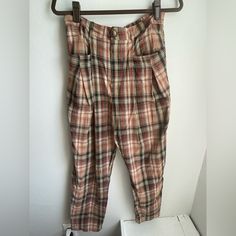 Listicle Plaid Tapered Leg Trousers With A Cotton Woven Fun Plaid Fabric! These Cute Pants Have A Zip Fly And Button Closure With Elastic At The Waist, Dropped Side Pockets With Pleats. **** Photo Of Model Is Not The Same Color, Just To Show Fit. Fit Small For A Large. Color Is Brown/Red/Black/Yellow/Blue Retro Plaid Bottoms With Pockets, High Waist Plaid Cotton Bottoms, Multicolor Casual Workwear Pants, Casual Plaid Bottoms With Belt Loops, Vintage High Waist Plaid Bottoms, Vintage Ankle Pants For Fall, Vintage Beige Bottoms For Fall, Retro High Waist Plaid Pants, High Waist Multicolor Workwear Bottoms