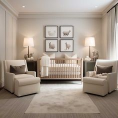 a baby's room is decorated in neutral colors