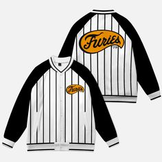 Baseball Furies - The Warriors Gang | Raglan Baseball Jacket B&W White Retro Varsity Jacket With Letter Print, Retro White Varsity Jacket With Letter Print, Retro Black Track Jacket With Pockets, Retro White Outerwear With Letter Print, Retro White Varsity Jacket For Spring, Retro White Outerwear With Ribbed Cuffs, Retro White Cotton Windbreaker, Baseball Furies, Raglan Jacket