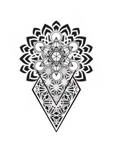 an intricate black and white drawing with geometric shapes on the bottom, in front of a white background