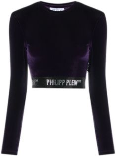 Luxury Embellished Fitted Top, Embellished Long Sleeve Crop Top For Evening, Luxury Tops For Night Out, Fitted Cropped Velvet Top, Fitted Velvet Cropped Top, Fitted Velvet Crop Top, Velvet Crop Top, Philipp Plein, Velvet