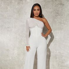 One Shoulder, Jumpsuit, Pants,Backless, Elegant Color: White Party Outfit Winter, White Party Outfit, Classy Short Dresses, Jumpsuit Pants, Photoshoot Idea, Elegant Color, Outfit Winter, White Party