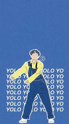 a man in overalls is standing with his arms crossed and the word yolo on it