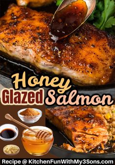 honey glazed salmon on a grill with other ingredients