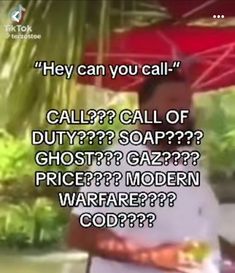 a man standing under an umbrella with the caption'hey can you call? call of duty? soap? ghost? gaz??????????????????????????????