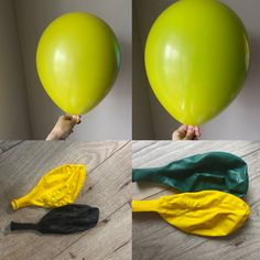 three pictures of green and yellow balloons being held by someone's hand, with one balloon in the shape of a banana