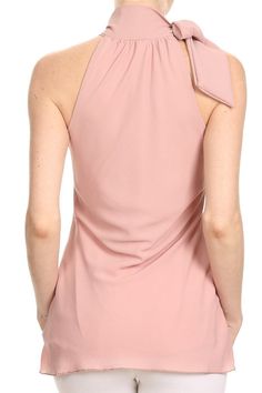 Self tie bow at neck High Neck Sleeveless 98% Polyester, 2 % Spandex Crepe Fabric Made in the USA Available in blush or white High Neck Sleeveless, Tie Bow, Crepe Fabric, Sleeveless Blouse, Made In The Usa, Cold Shoulder Dress, High Neck Dress, High Neck, Blush