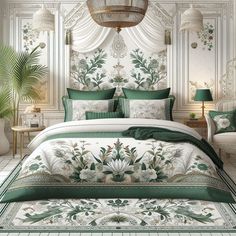 a bed with green and white comforters in a room