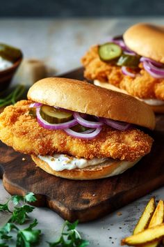 two chicken sandwiches with pickles and onions on a cutting board