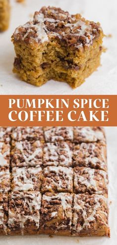 pumpkin spice coffee cake is cut into squares and placed on top of each other with the words, pumpkin spice coffee cake