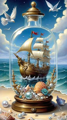 a painting of a ship in a bottle with sea shells and seashells around it